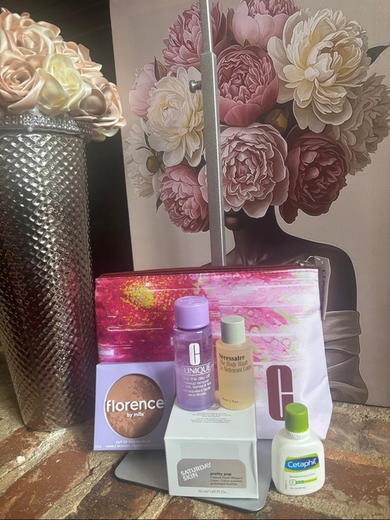 Clinique Handbags - Clinique Lavender and Pink Travel Skincare Kit with Floral Cosmetic Pouch